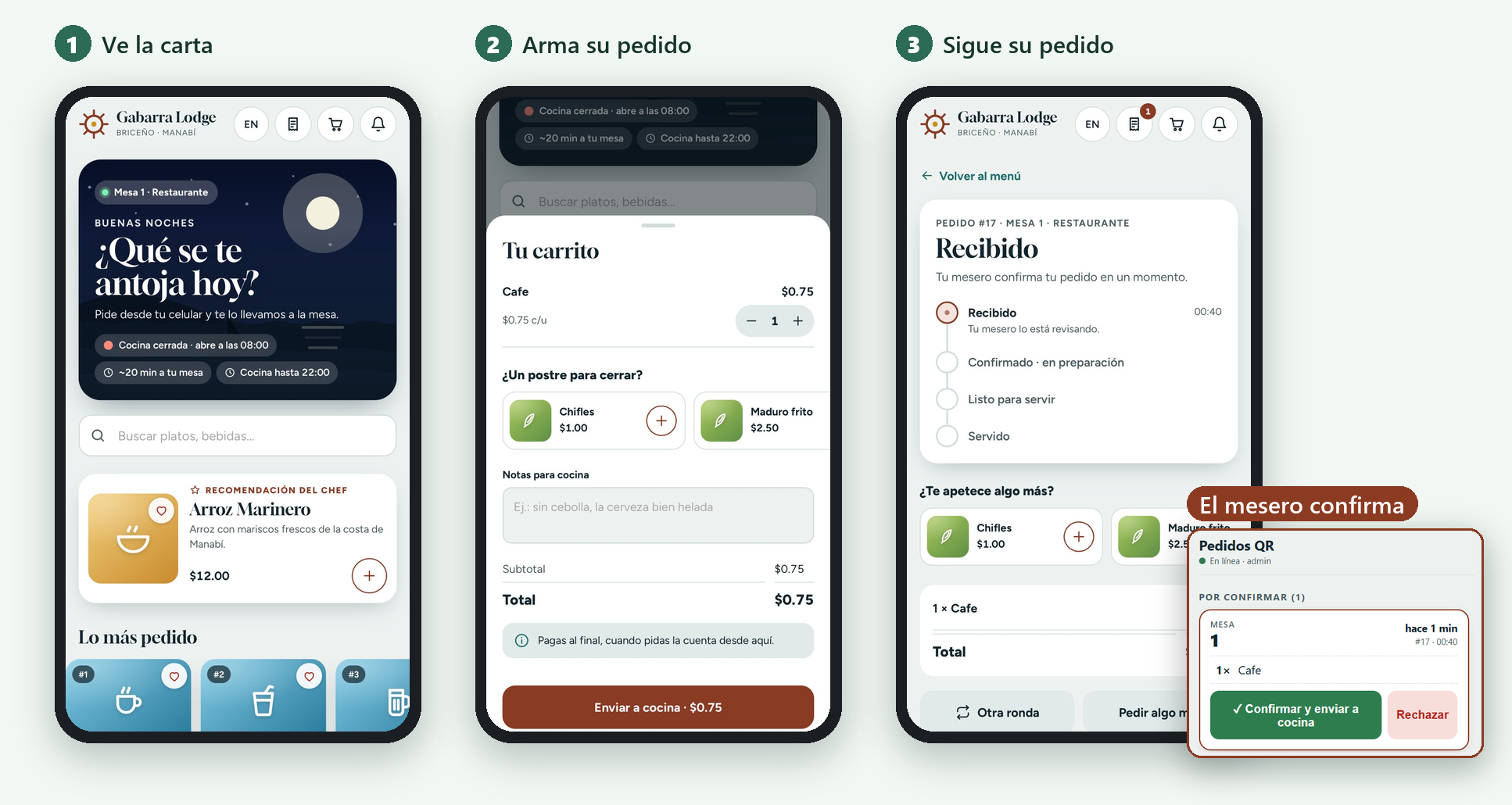 Pedido por QR desde el celular del cliente: ve la carta, arma su pedido, sigue el estado y el mesero lo confirma